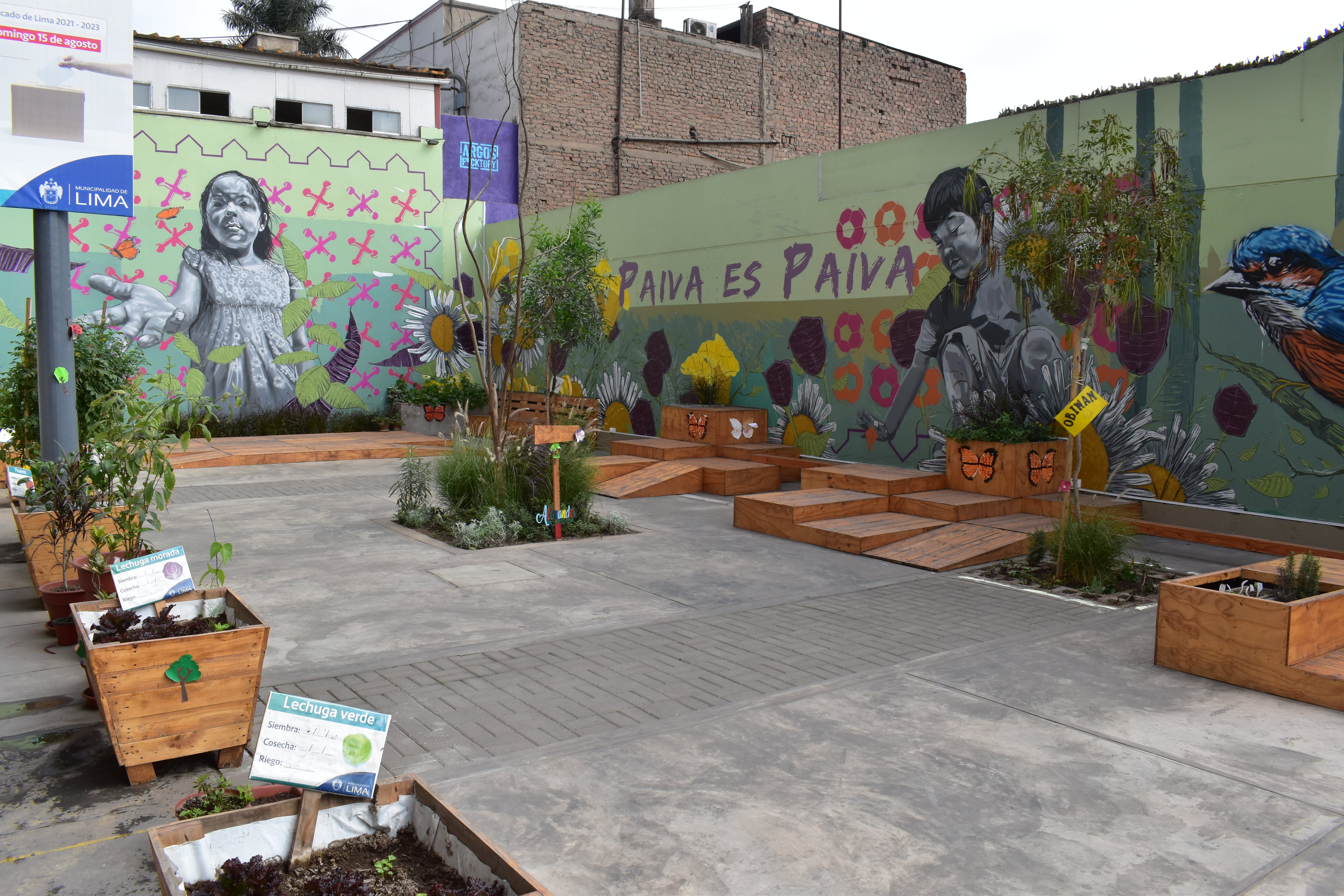 Lima community garden and mural after renovation
